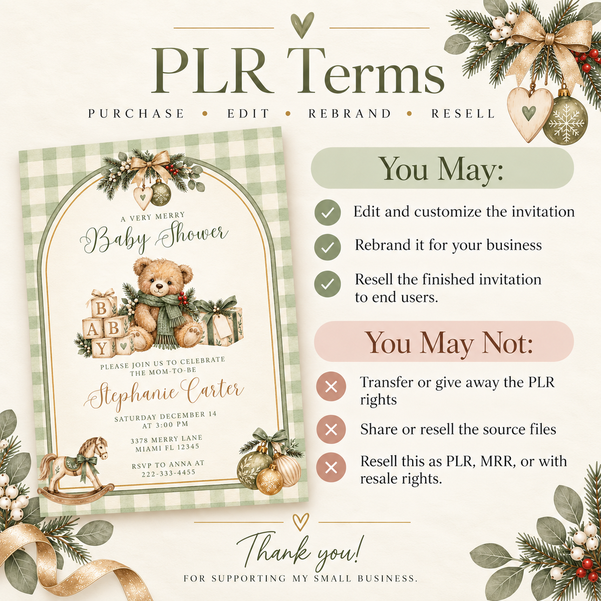 Sage Green Christmas Baby Shower Invitation PLR