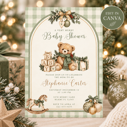 Sage Green Christmas Baby Shower Invitation PLR