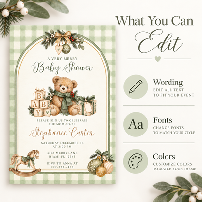 Sage Green Christmas Baby Shower Invitation PLR