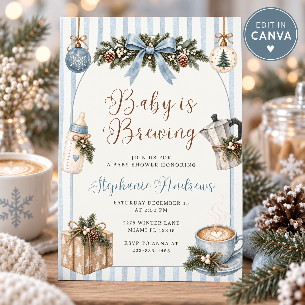 Baby Is Brewing Christmas Baby Shower Invitation PLR