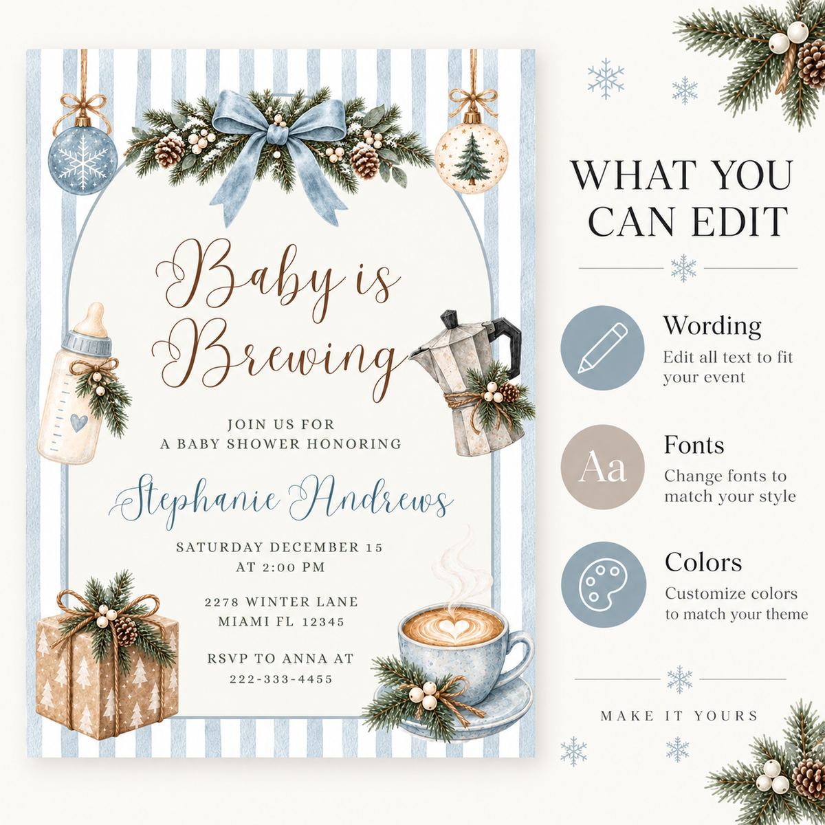 Baby Is Brewing Christmas Baby Shower Invitation PLR