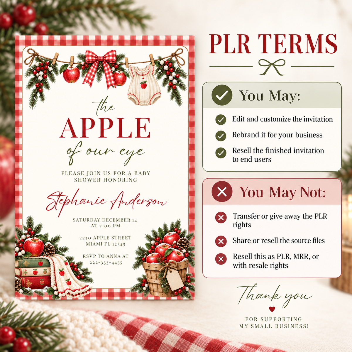 Apple of Our Eye Christmas Baby Shower Invitation PLR