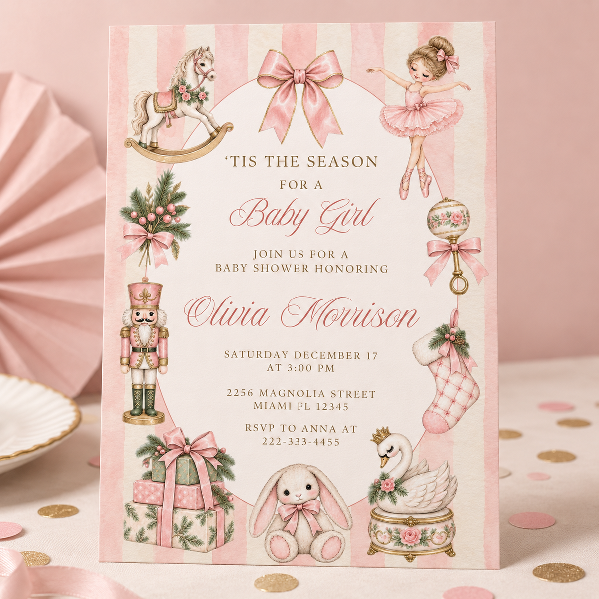 Pink Christmas Baby Shower Invitation PLR