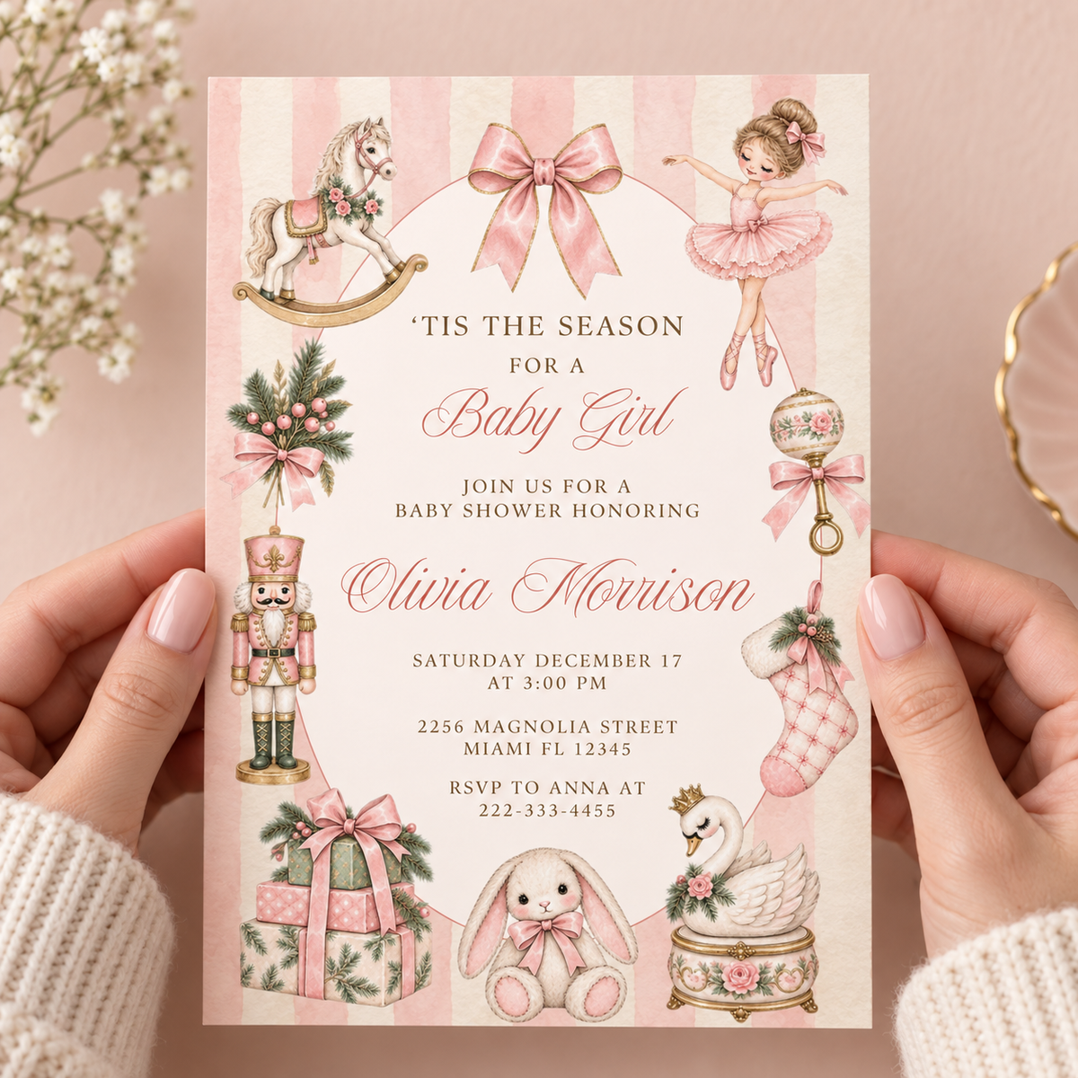 Pink Christmas Baby Shower Invitation PLR