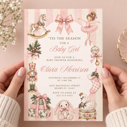 Pink Christmas Baby Shower Invitation PLR